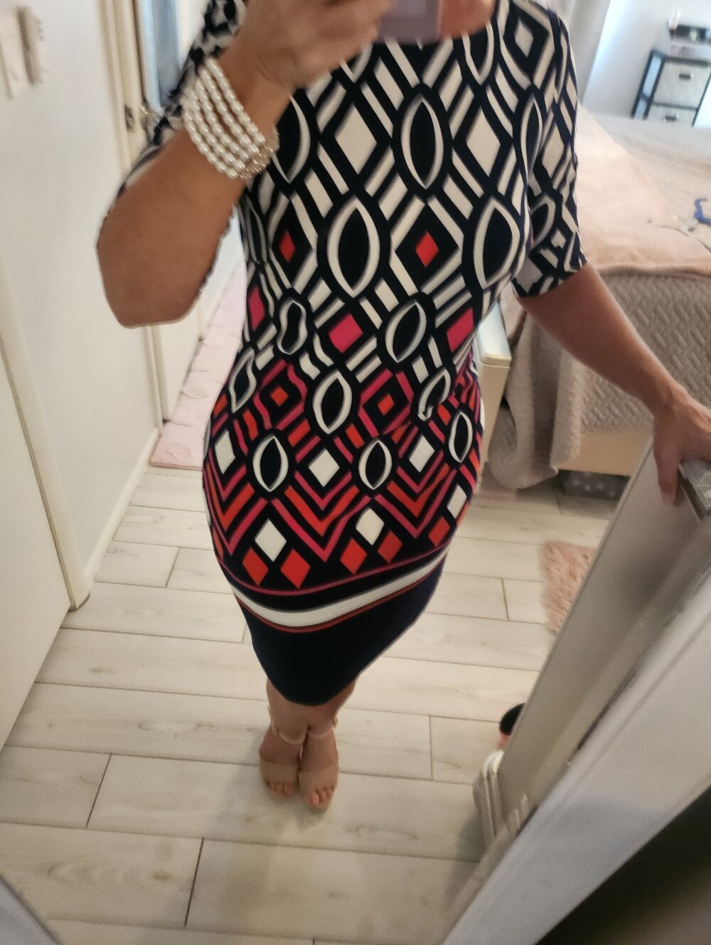 Eliza J Navy, White & Pink Geometric Shift Midi Dress